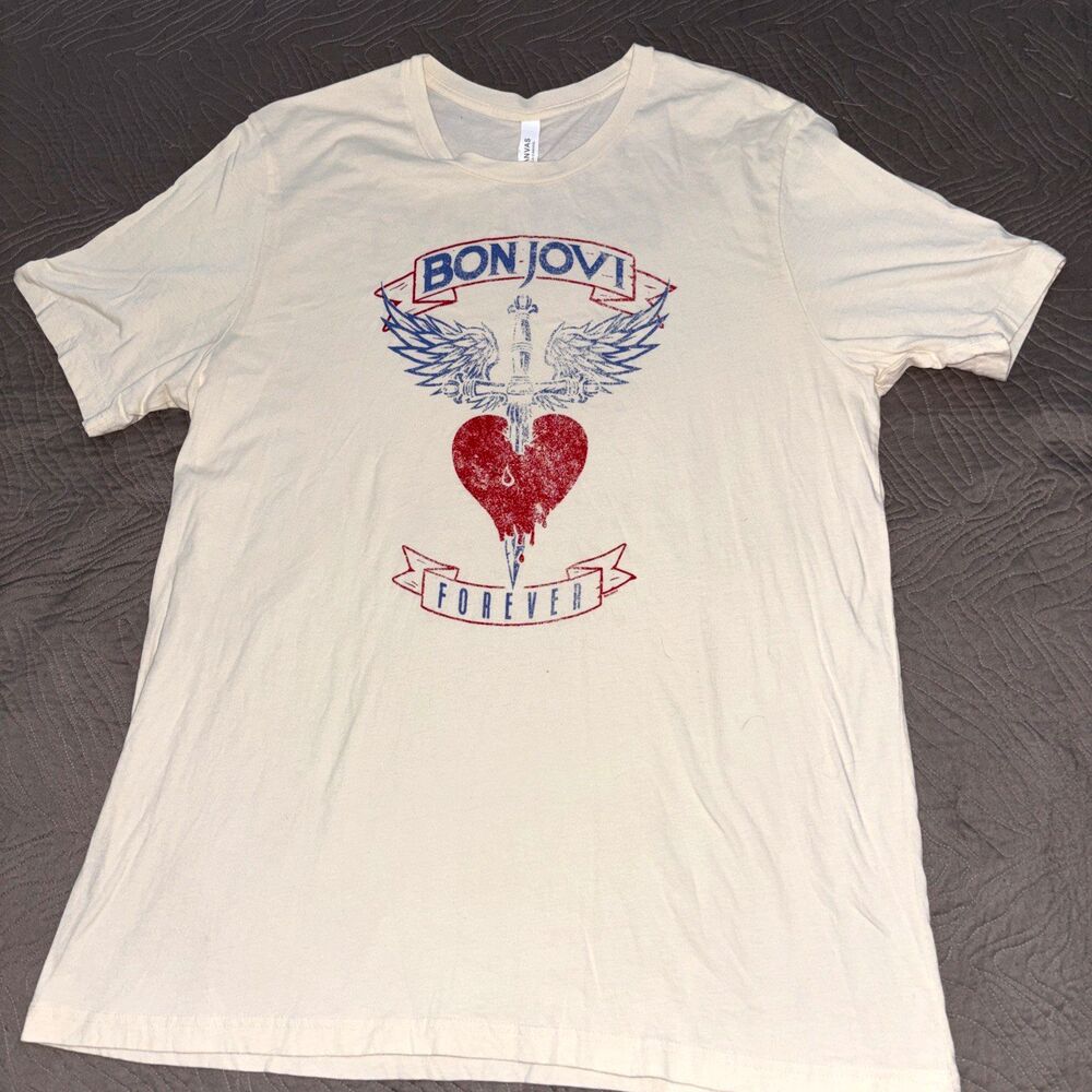Bon Jovi Forever 2022 Tour T-Shirt Mens Large Cream Graphic Band Tee 2XL 2 Sided